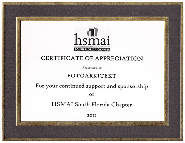 HSMAI Certificate of Apreciation for fotoarkitekt